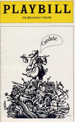 A black and white playbill cover for 'Candide' from The Broadway Theatre. It shows a man in period clothing standing atop a large pile of chaotic objects and weapons, carrying bundles over his shoulders. A speech bubble above him reads 'Candide.' [gen AI description]. The overall graphic style is very 70s camp; the AI didn't really pick up on that.