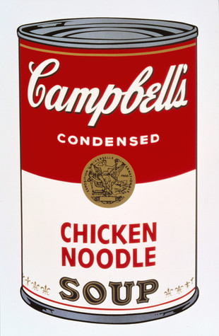 A painting of the classic Campbell's Soup can with its distinctive red and white label, white cursive wordmark CAMPBELL'S, and gold seal.