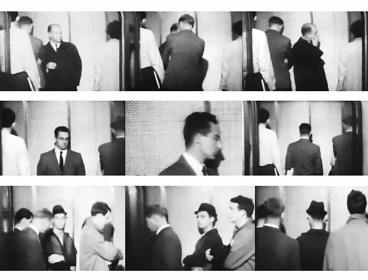 A three-row grid of nine black and white film stills from an episode of &quot;Candid Camera.&quot; Each still shows people in what appears to be an elevator or doorway, reacting to an unseen situation [gen AI description].