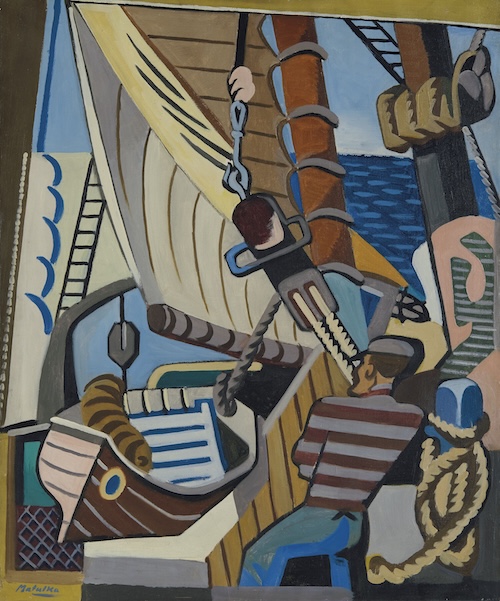 An oil painting by Jan Matulka depicts a Cubist-influenced scene with a man in a striped shirt and cap looking up at a ship's rigging, mast, and sails. A small boat is visible below, and the sea stretches out in the background [gen AI description].