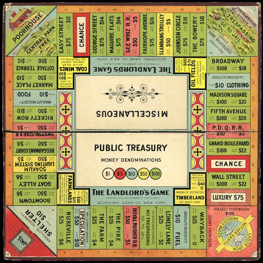 A square board game, &quot;The Landlord's Game,&quot; with a central section labeled &quot;Public Treasury&quot; and &quot;Money Denominations&quot; showing $1, $5, $10, $50, and $100 bills. The 1903 board uses muted and earthy tones, primarily featuring shades of brown, beige, and green. The game board is divided into properties, including &quot;Poorhouse,&quot; &quot;Easy Street,&quot; &quot;Coal Mines,&quot; &quot;Oil Fields,&quot; &quot;Broadway,&quot; &quot;Market Place,&quot; &quot;Rickety Row,&quot; &quot;Beggarsway Court,&quot; &quot;Goat Alley,&quot; &quot;Boomtown,&quot; &quot;Rubeville,&quot; &quot;The Farm,&quot; &quot;The Pike,&quot; &quot;Lonely Lane,&quot; &quot;Wayback,&quot; and &quot;Luxury.&quot; Some properties have text indicating rent, taxes, or special conditions. There are also &quot;Chance&quot; and &quot;Miscellaneous&quot; spaces, as well as &quot;Go to Jail&quot; and &quot;Jail&quot; spaces. Four corner squares are &quot;Poorhouse,&quot; &quot;Jail,&quot; &quot;Labor Upon Mother Earth,&quot; and &quot;Lord Bluelbloods Estate.&quot; [gen AI description].