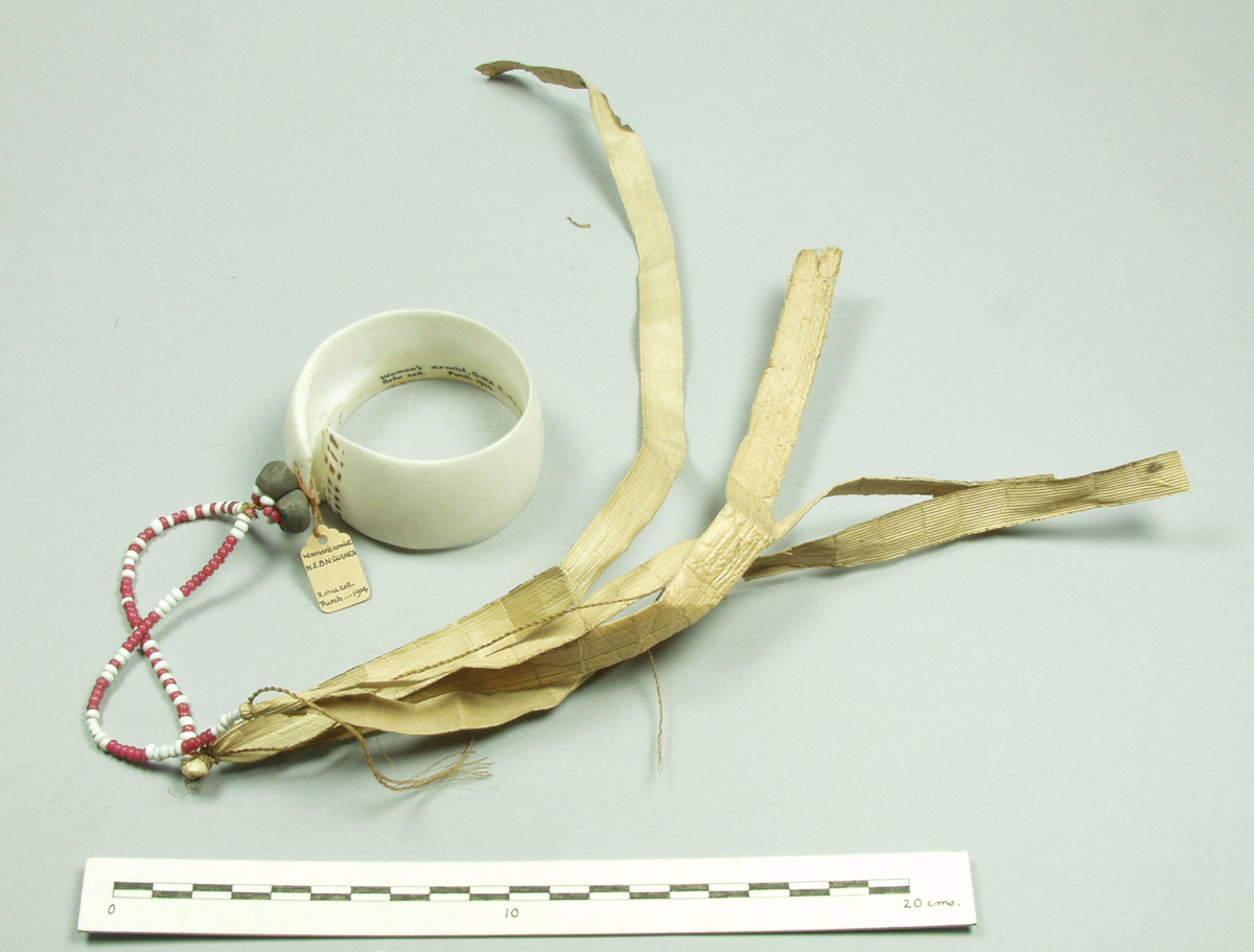 A artifact made from a shell ring and decorated with fibers and beads, displayed on a flat, empty surface next to a strip of paper bearing a black and white scale for reference. The object is arranged to be photographed for a museum catalogue. Arm ornament; Cylindrical-spiral of conus shell, with 2 perforations through which is tied 2 plant fibre cords strung with red & white glass beads, 3 black banana seed pods and long strips of palm leaf. 1904. Pitt Rivers Museum, University of Oxford, 1904.60.131. https://www.prm.ox.ac.uk/collections-online#/item/prm-object-99833.