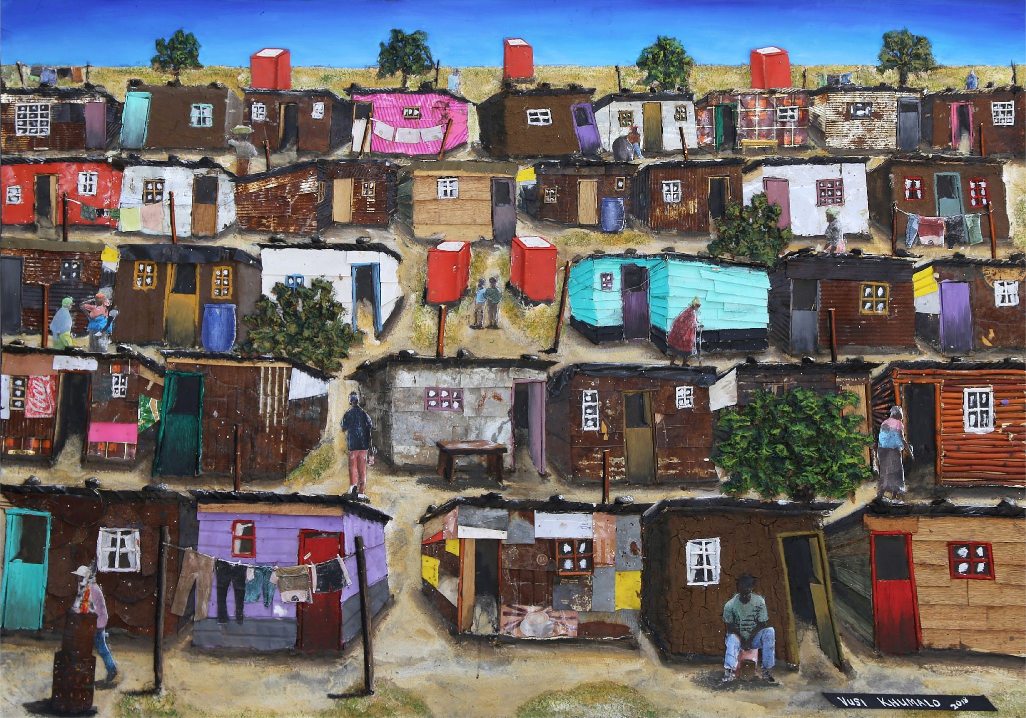 A vibrant painting by Vusi Khumalo depicts a dense informal settlement under a bright blue sky, showcasing numerous shacks of varied materials and colors like brown, white, purple, and pink. Figures engage in daily activities such as walking, sitting, and hanging laundry, with red mailboxes and a Coca-Cola sign adding to the bustling community scene [gen AI description].